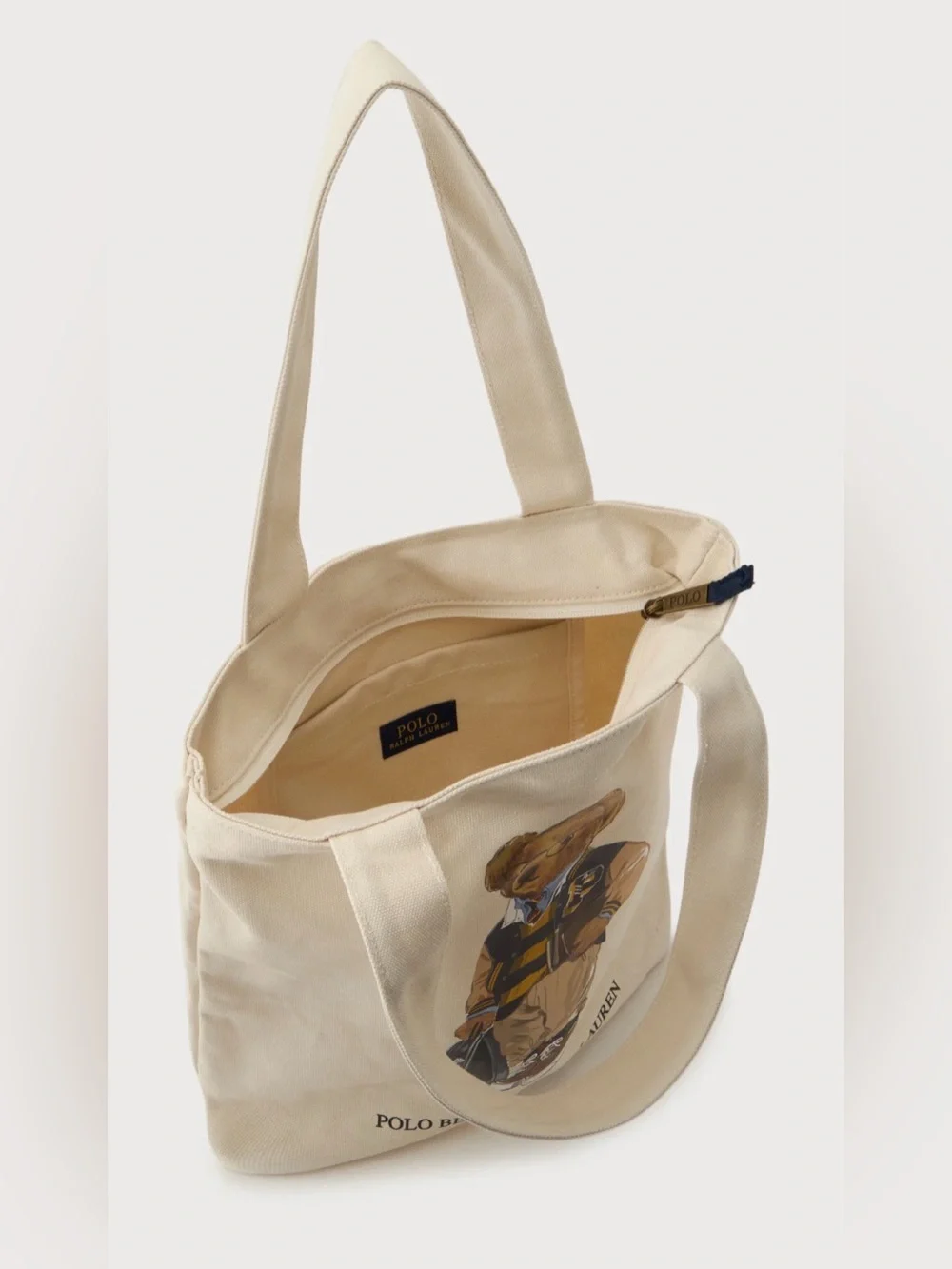 Polo Ralph Lauren Natural BOY BACK TO SCHOOL BEAR 13.0” Canvas Zip Top Tote Bag
